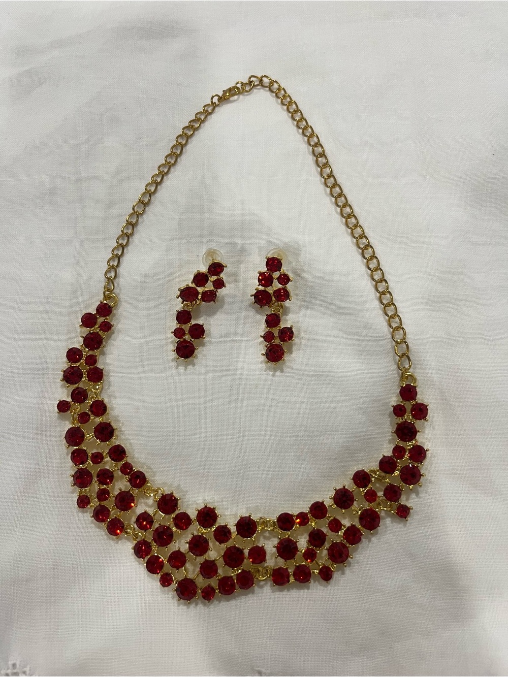 Gold-Tone Red Crystal Statement Necklace & Earrings Set